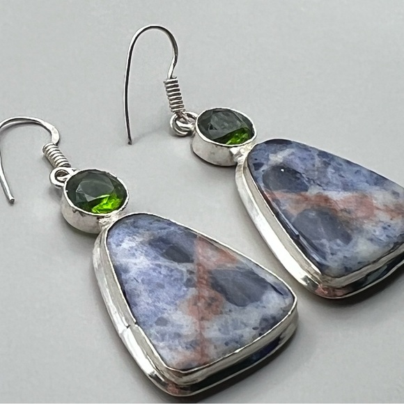 New Sodalite Stone Silver Overlay Hook Earrings - Picture 2 of 9